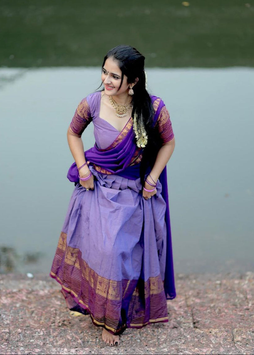 Lavender & Deep Purple Kanci Cotton Half Saree – Traditional Zari Weaving Langa Voni Set
