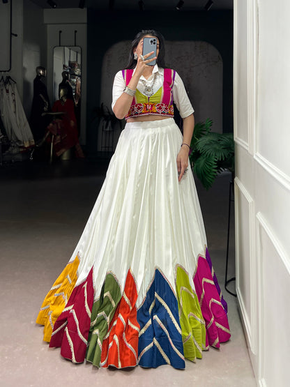White Multicolor Rayon Gamthi Mirror Work Navratri Lehenga Choli