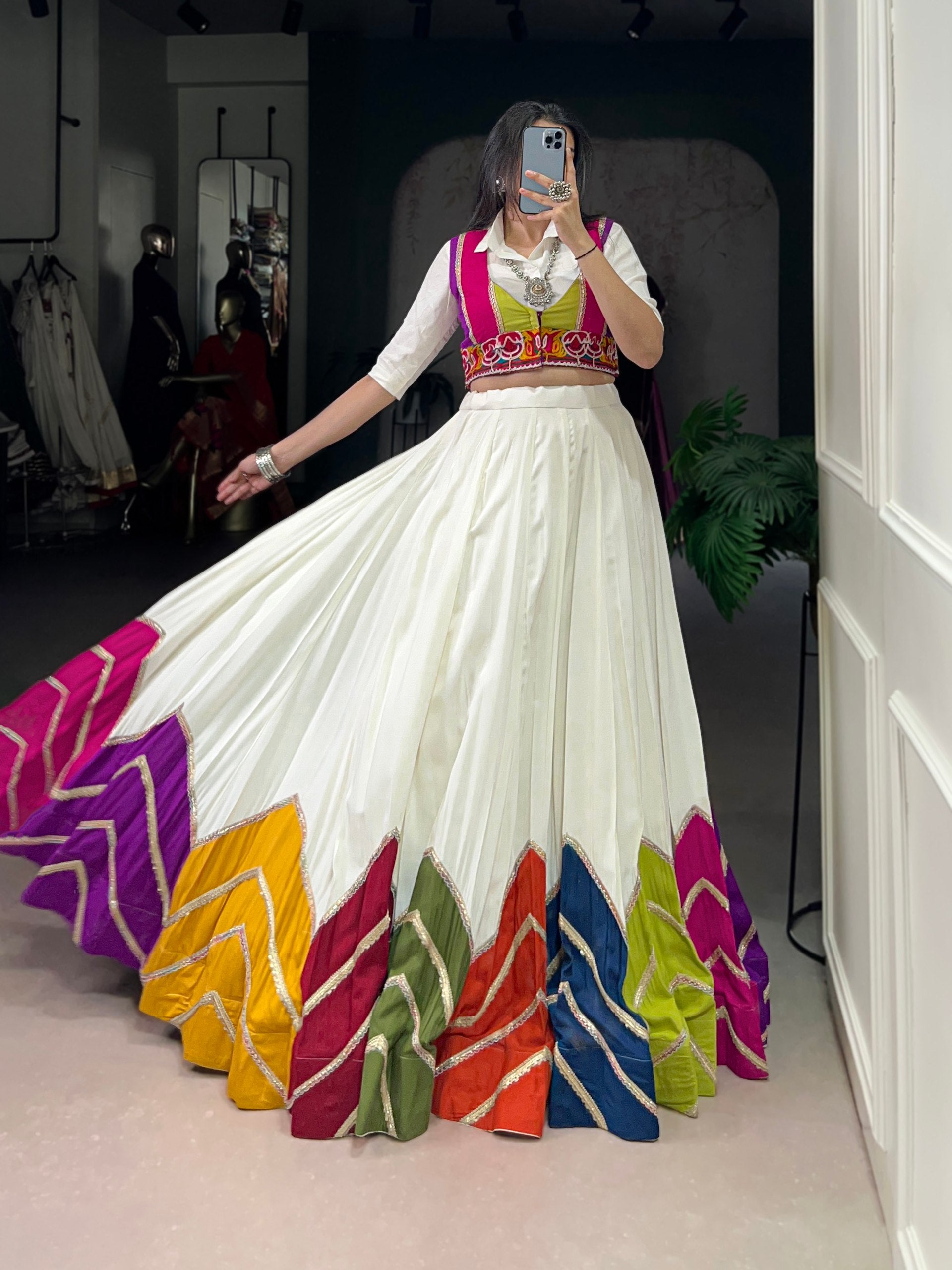 White Multicolor Rayon Gamthi Mirror Work Navratri Lehenga Choli
