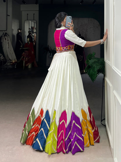 White Multicolor Rayon Gamthi Mirror Work Navratri Lehenga Choli