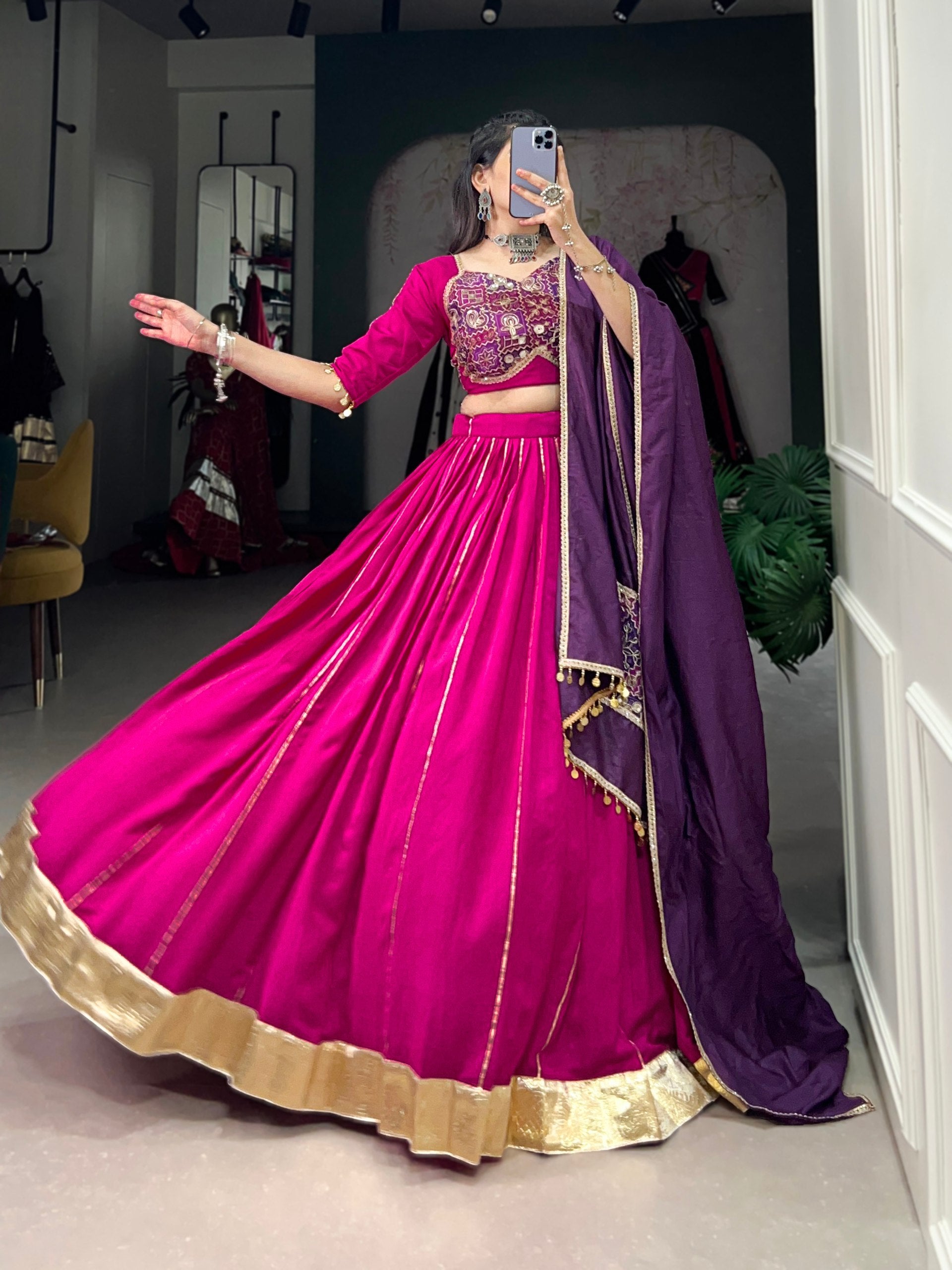 Pink Chanderi Embossed Design Work Navratri Lehenga Choli