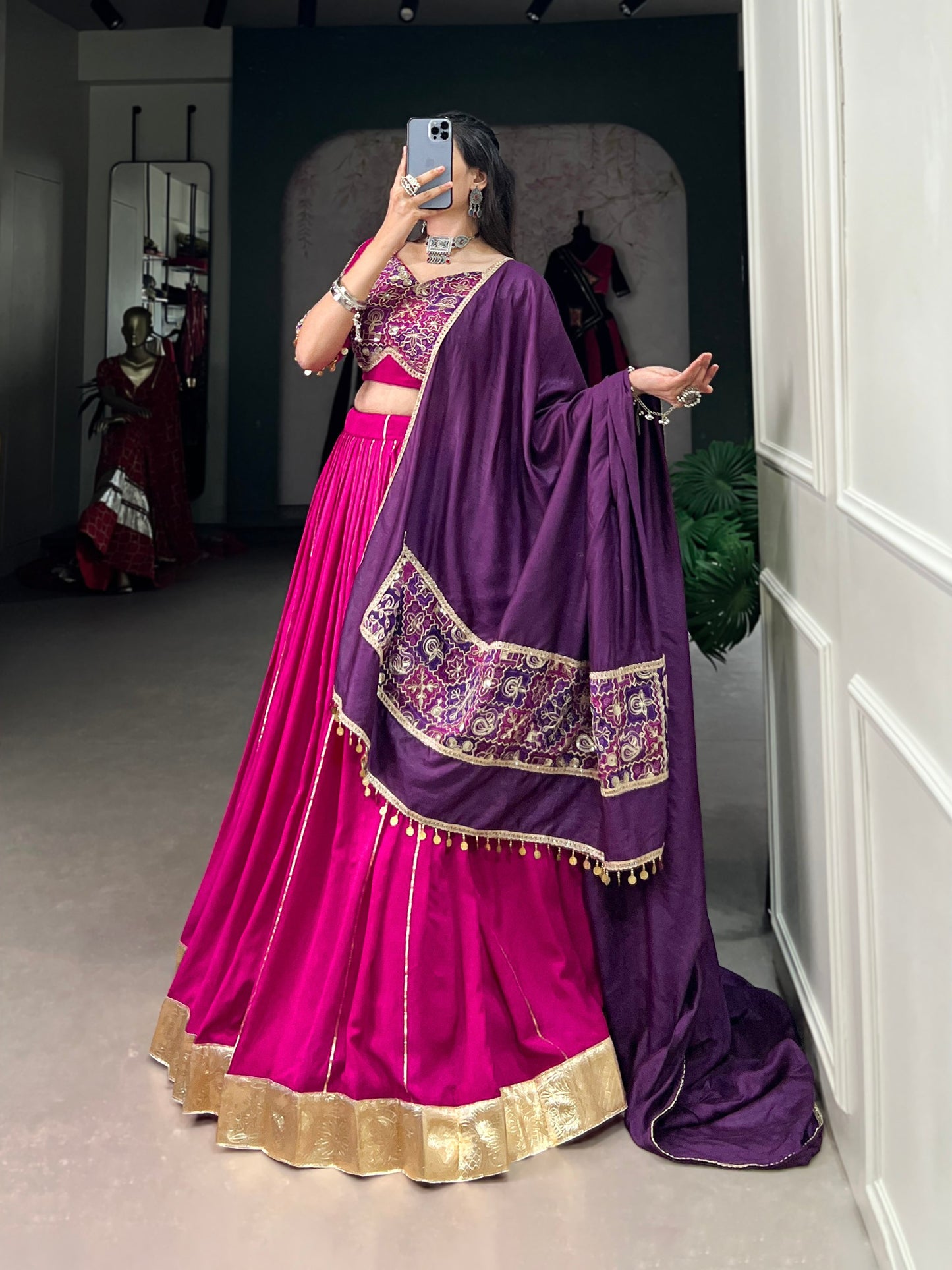 Pink Chanderi Embossed Design Work Navratri Lehenga Choli