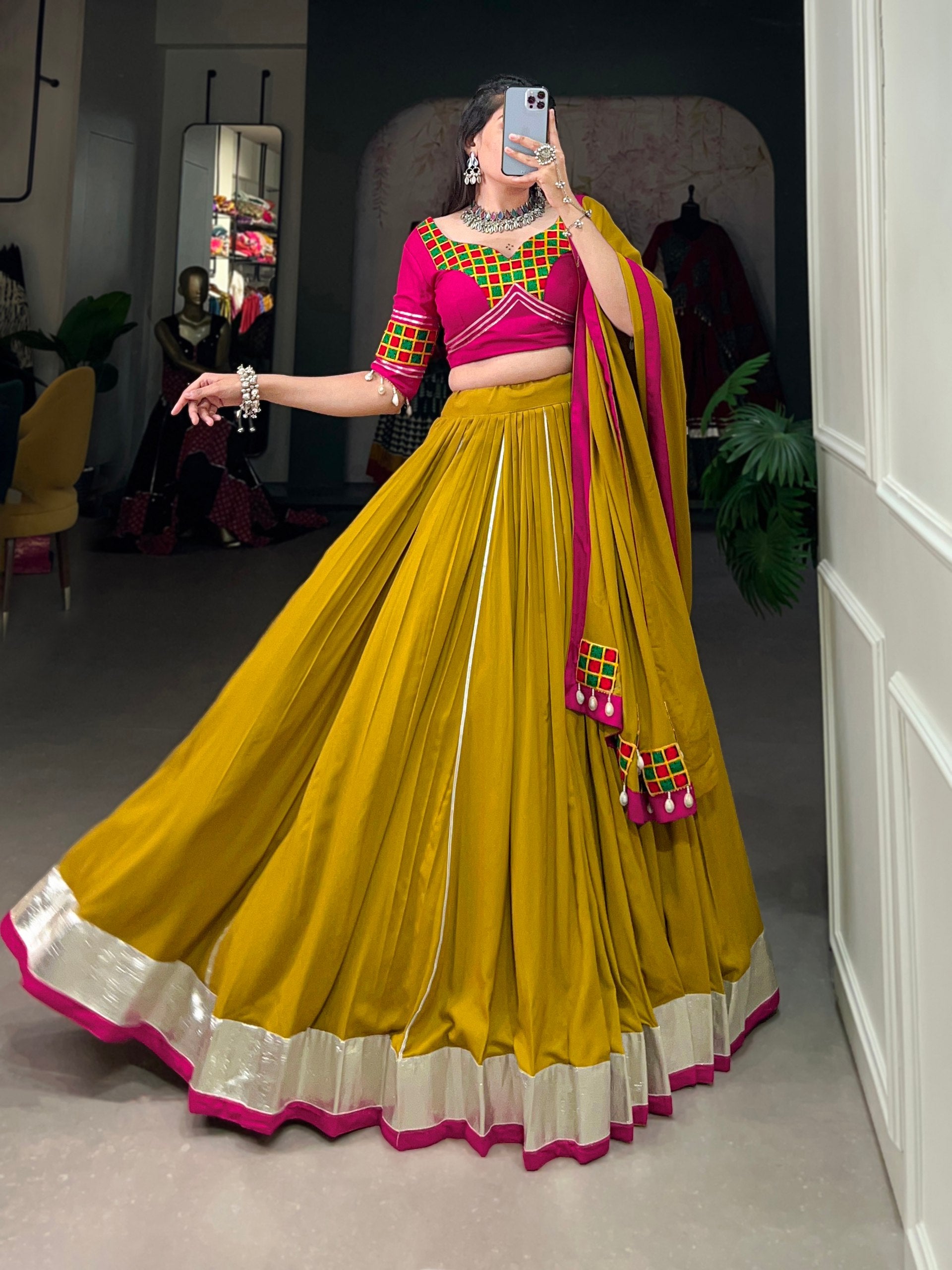 Musterd Pure Rayon Gamthi Work Navratri Lehenga Choli