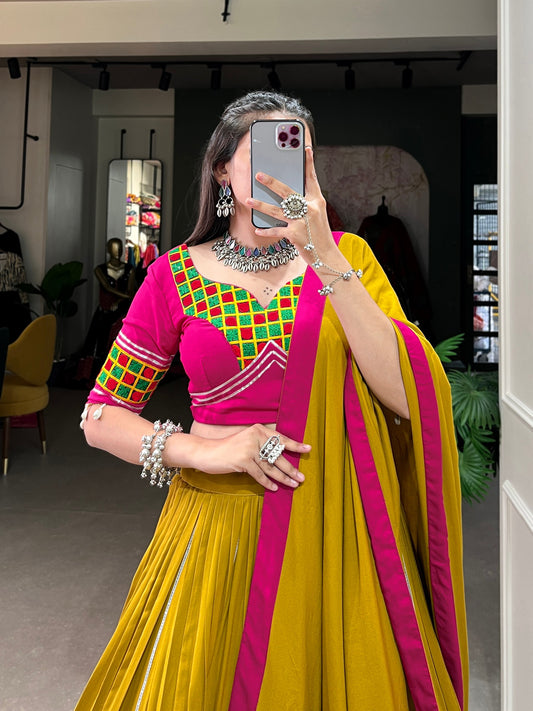 Musterd Pure Rayon Gamthi Work Navratri Lehenga Choli