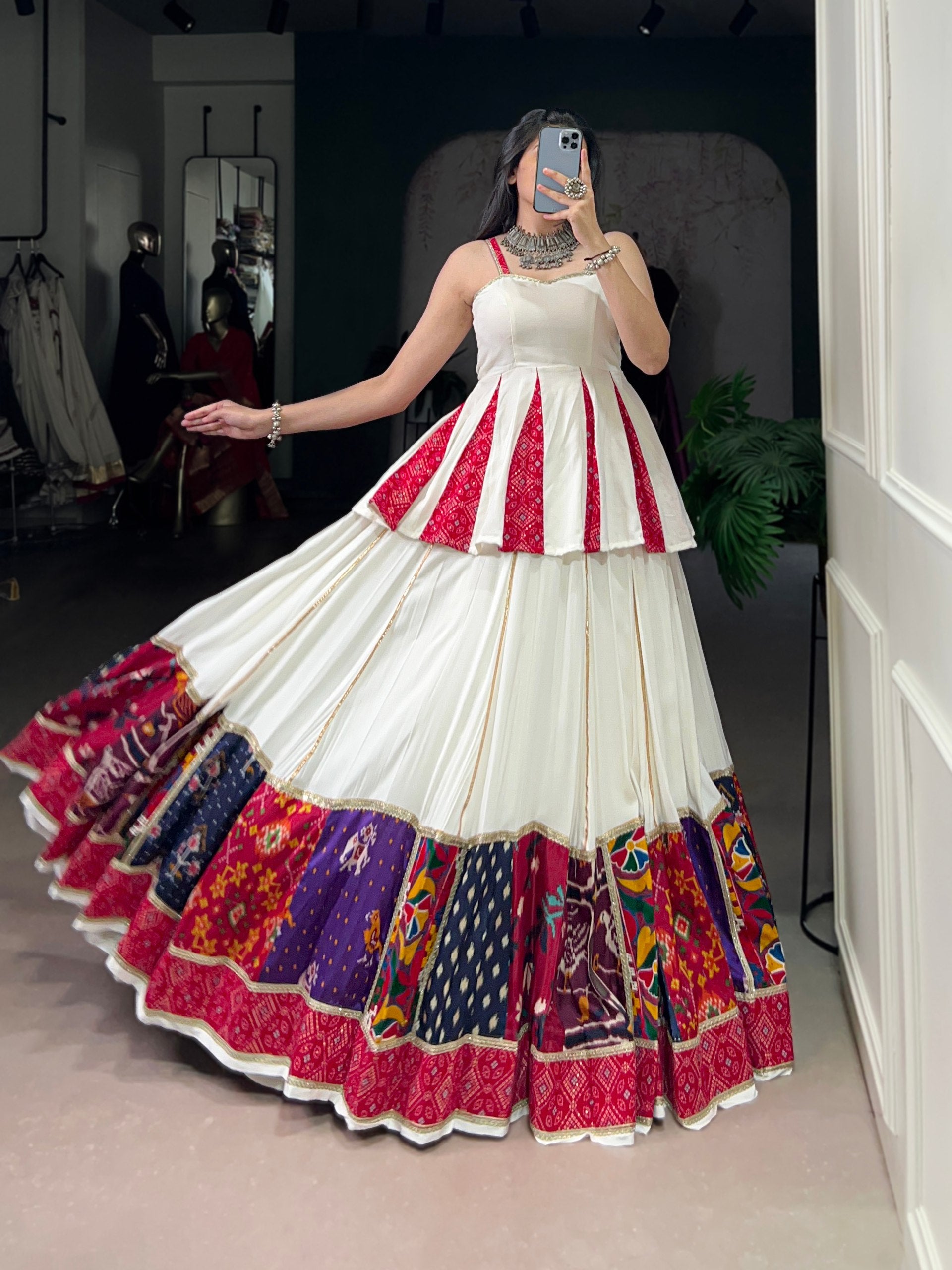 White Multicolor Pure Rayon Gamthi Work Navratri Lehenga Choli