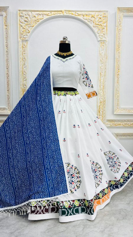 White Digital Print Real Mirror Work Navratri Lehenga Choli