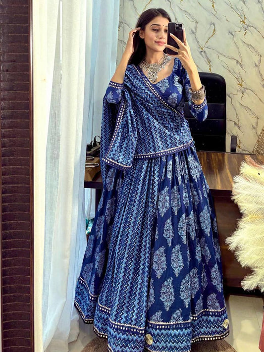 Blue Printed Polly Reyon Real Mirror Work Navratri Lehenga Choli