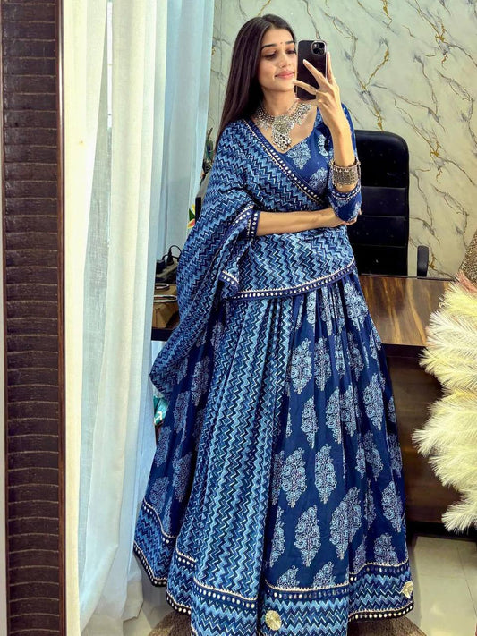 Blue Printed Polly Reyon Real Mirror Work Navratri Lehenga Choli