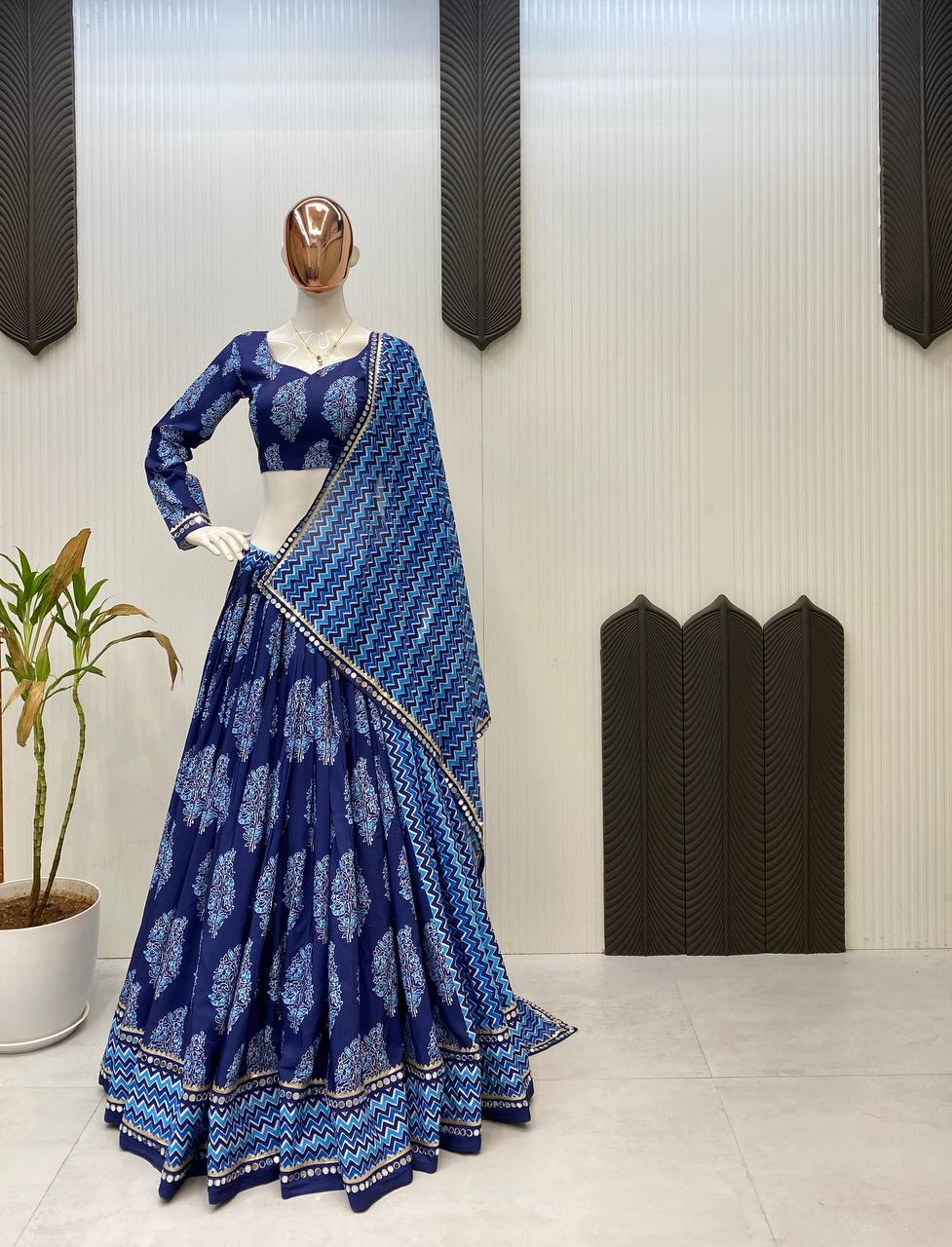 Blue Printed Polly Reyon Real Mirror Work Navratri Lehenga Choli