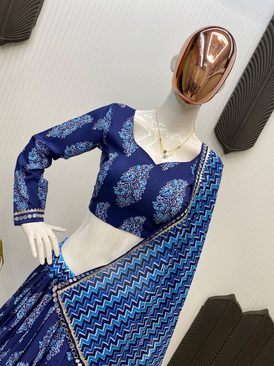 Blue Printed Polly Reyon Real Mirror Work Navratri Lehenga Choli
