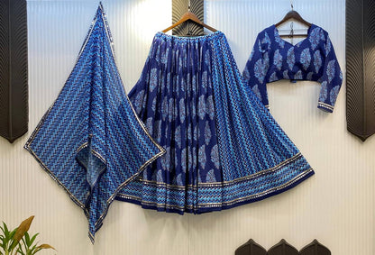 Blue Printed Polly Reyon Real Mirror Work Navratri Lehenga Choli