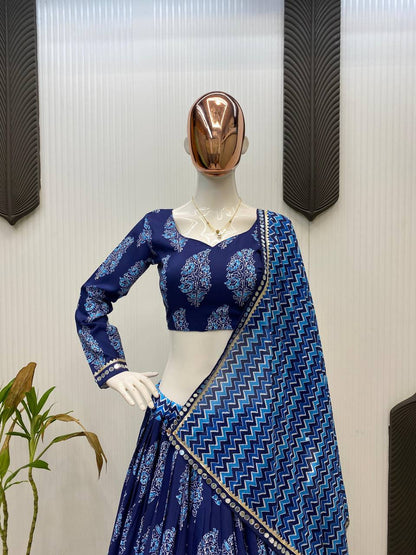 Blue Printed Polly Reyon Real Mirror Work Navratri Lehenga Choli