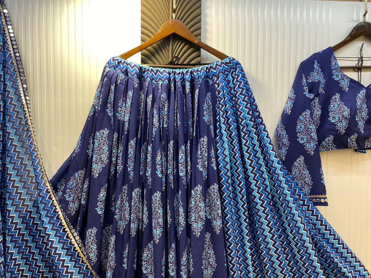 Blue Printed Polly Reyon Real Mirror Work Navratri Lehenga Choli