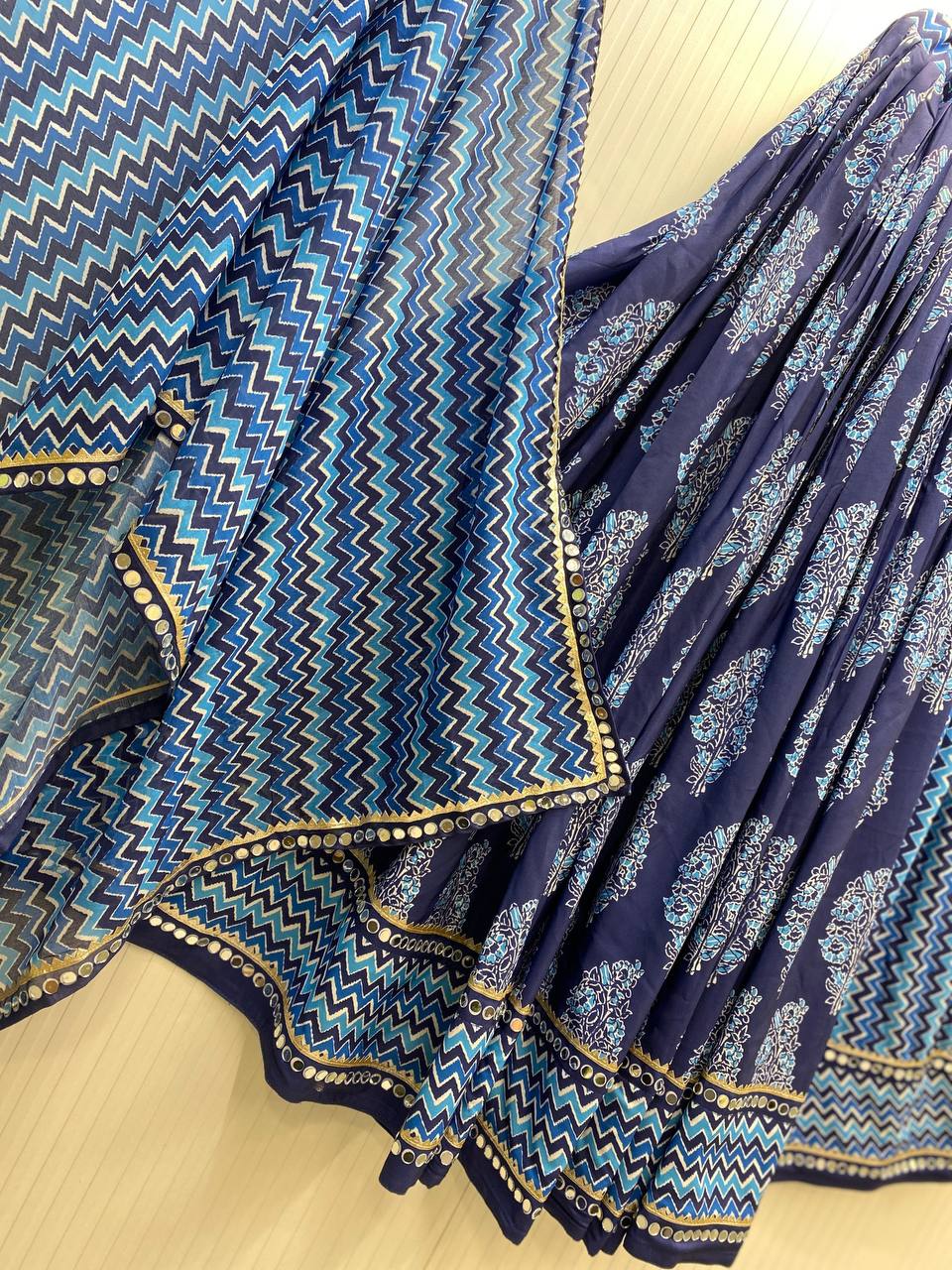 Blue Printed Polly Reyon Real Mirror Work Navratri Lehenga Choli