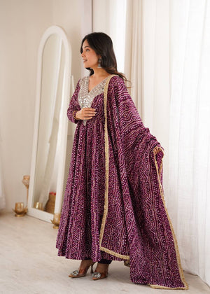 Full sleeve flared Anarkali gown wine purple with bandhani print
