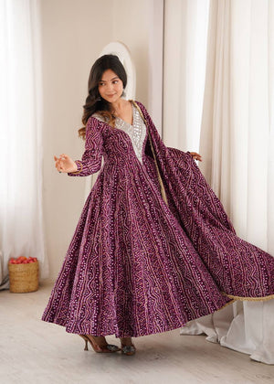 Wine bandhani Anarkali gown rayon mirror embroidery with dupatta
