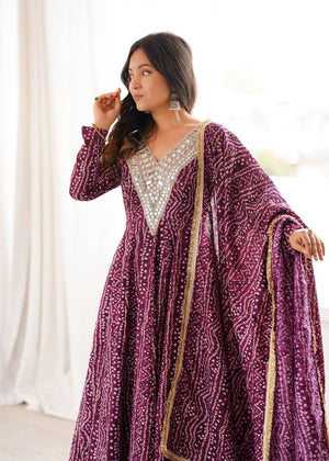 Aubergine bandhani print Anarkali dress with full sleeves
