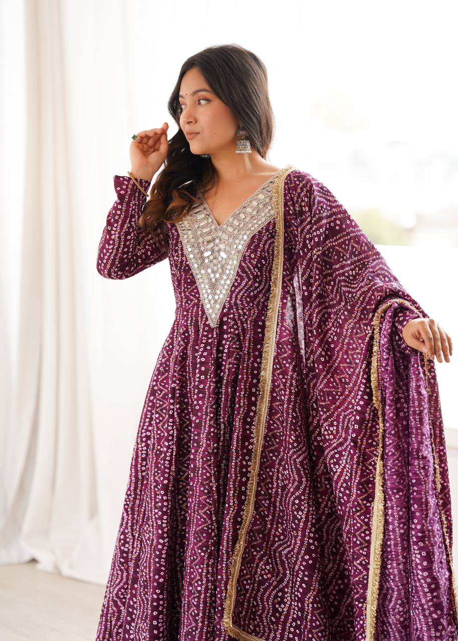 Aubergine bandhani print Anarkali dress with full sleeves
