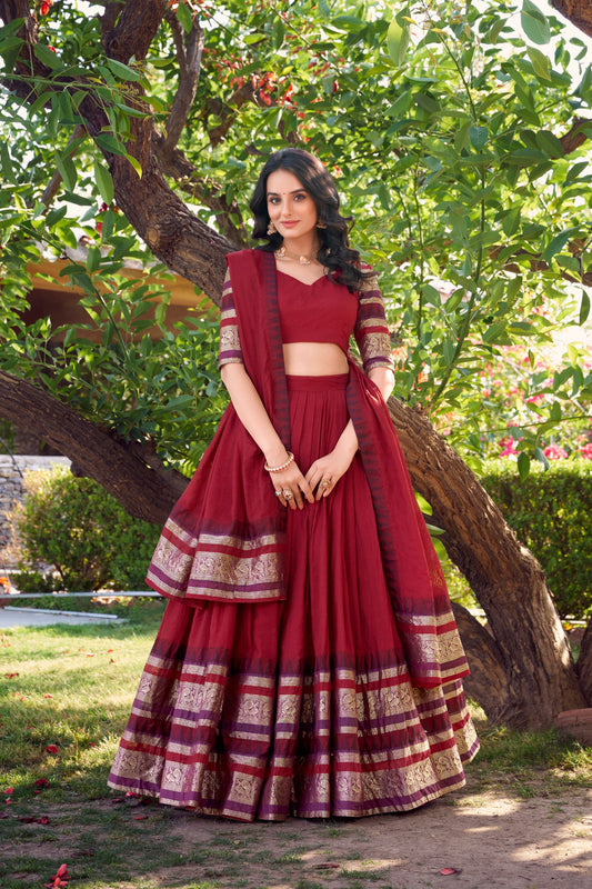 Red Pure Chanderi Plain With Zari Weaving Work Border Lehenga Choli