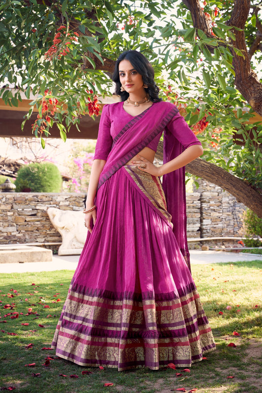 Pink Pure Chanderi Plain With Zari Weaving Work Border Lehenga Choli