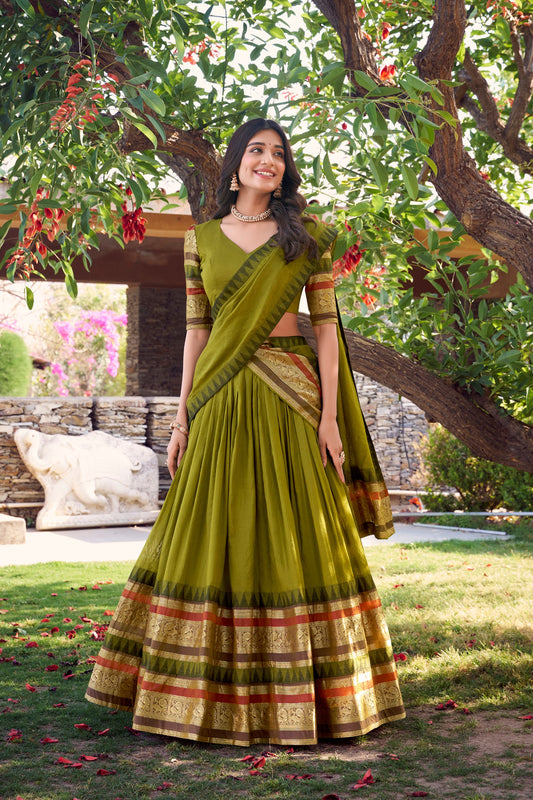 Mehandi Pure Chanderi Plain With Zari Weaving Work Border Lehenga Choli