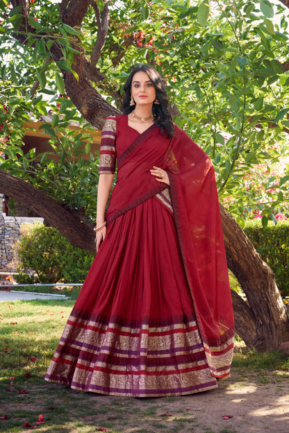 Red Pure Chanderi Plain With Zari Weaving Work Border Lehenga Choli