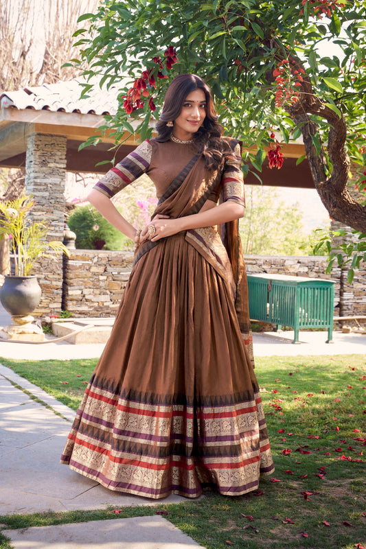 Brown Pure Chanderi Plain With Zari Weaving Work Border Lehenga Choli