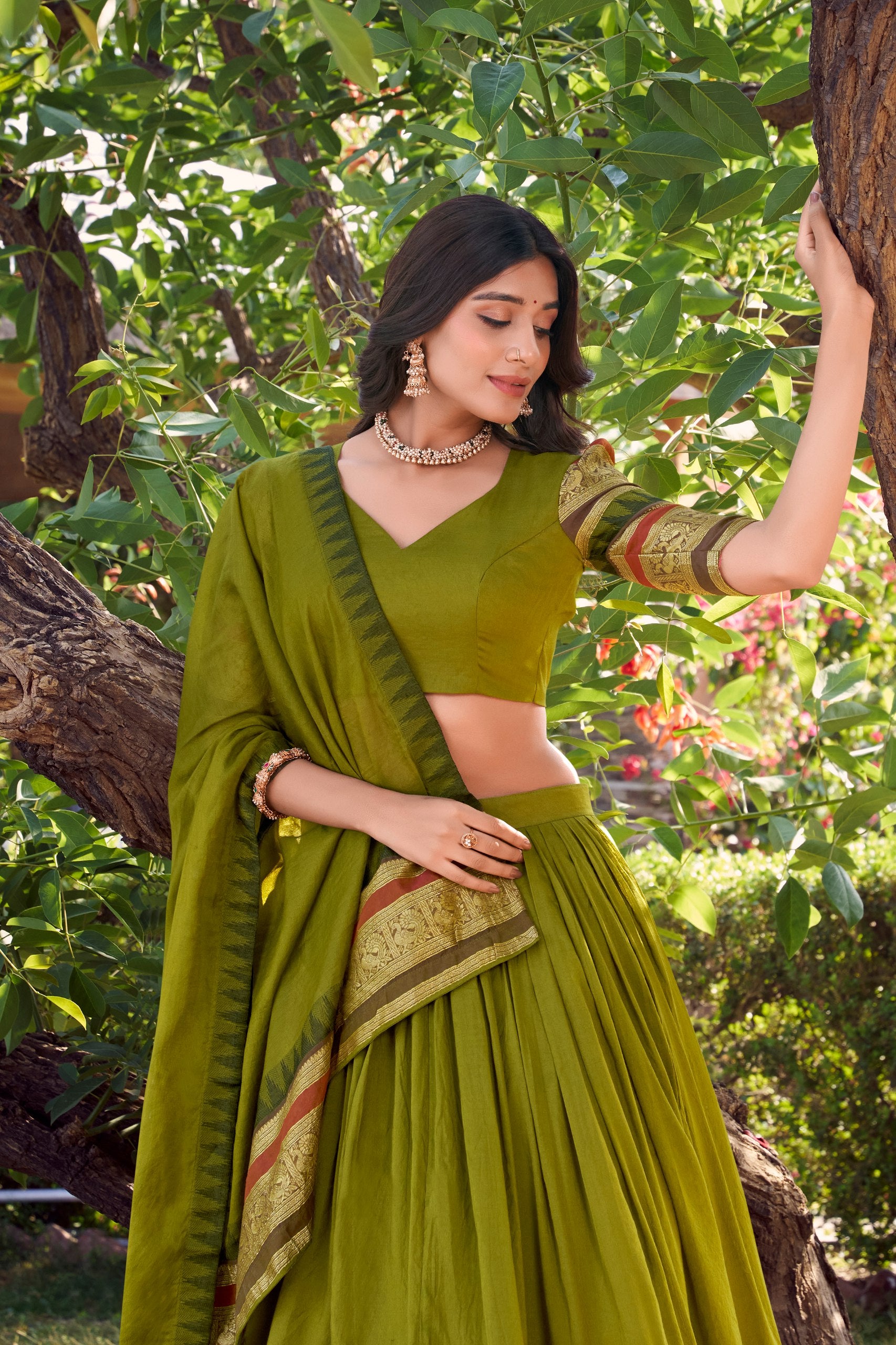Mehandi Pure Chanderi Plain With Zari Weaving Work Border Lehenga Choli