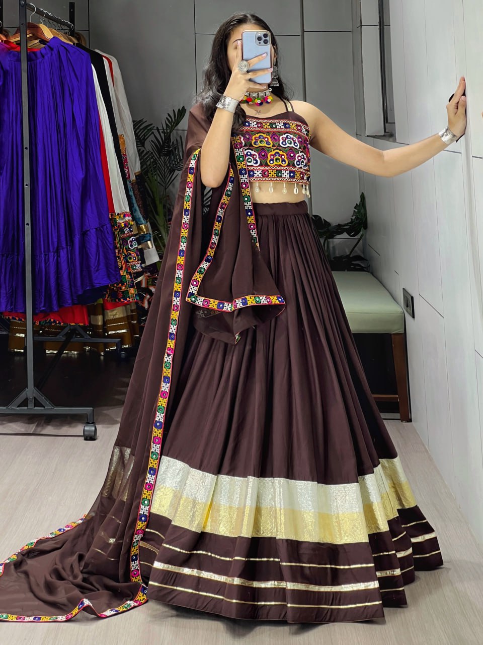 Brown Pure Rayon Cotton Traditional Gota Patti Work Navratri Lehenga Choli