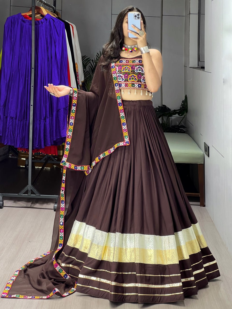 Brown Pure Rayon Cotton Traditional Gota Patti Work Navratri Lehenga Choli