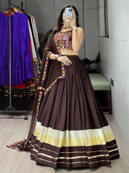 Brown Pure Rayon Cotton Traditional Gota Patti Work Navratri Lehenga Choli