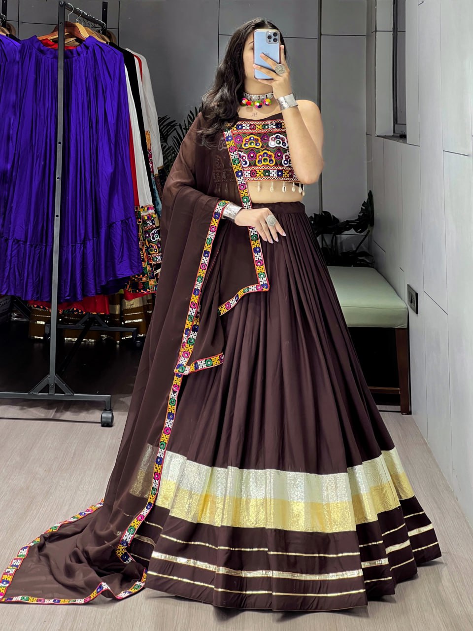 Brown Pure Rayon Cotton Traditional Gota Patti Work Navratri Lehenga Choli