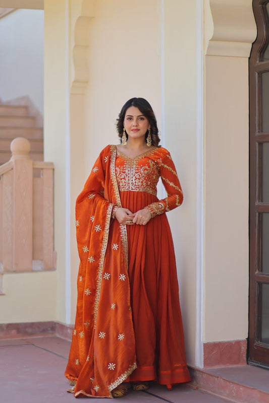 Fenta Color Fendy Fabric With Zari Sequins Embroidered Work Gown
