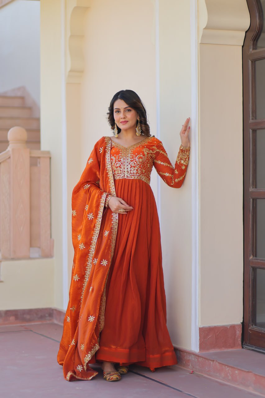 Fenta Color Fendy Fabric With Zari Sequins Embroidered Work Gown