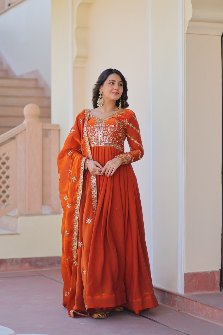 Fenta Color Fendy Fabric With Zari Sequins Embroidered Work Gown
