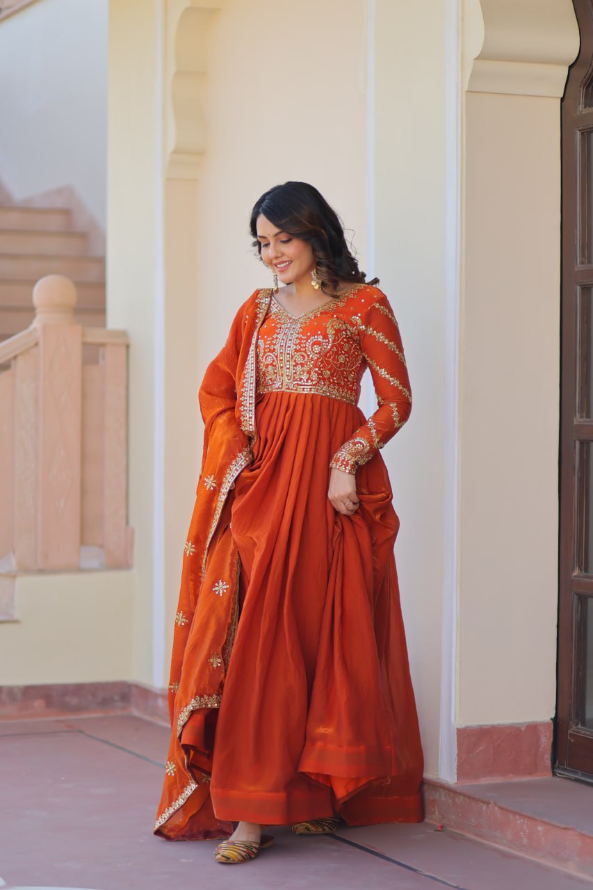 Fenta Color Fendy Fabric With Zari Sequins Embroidered Work Gown