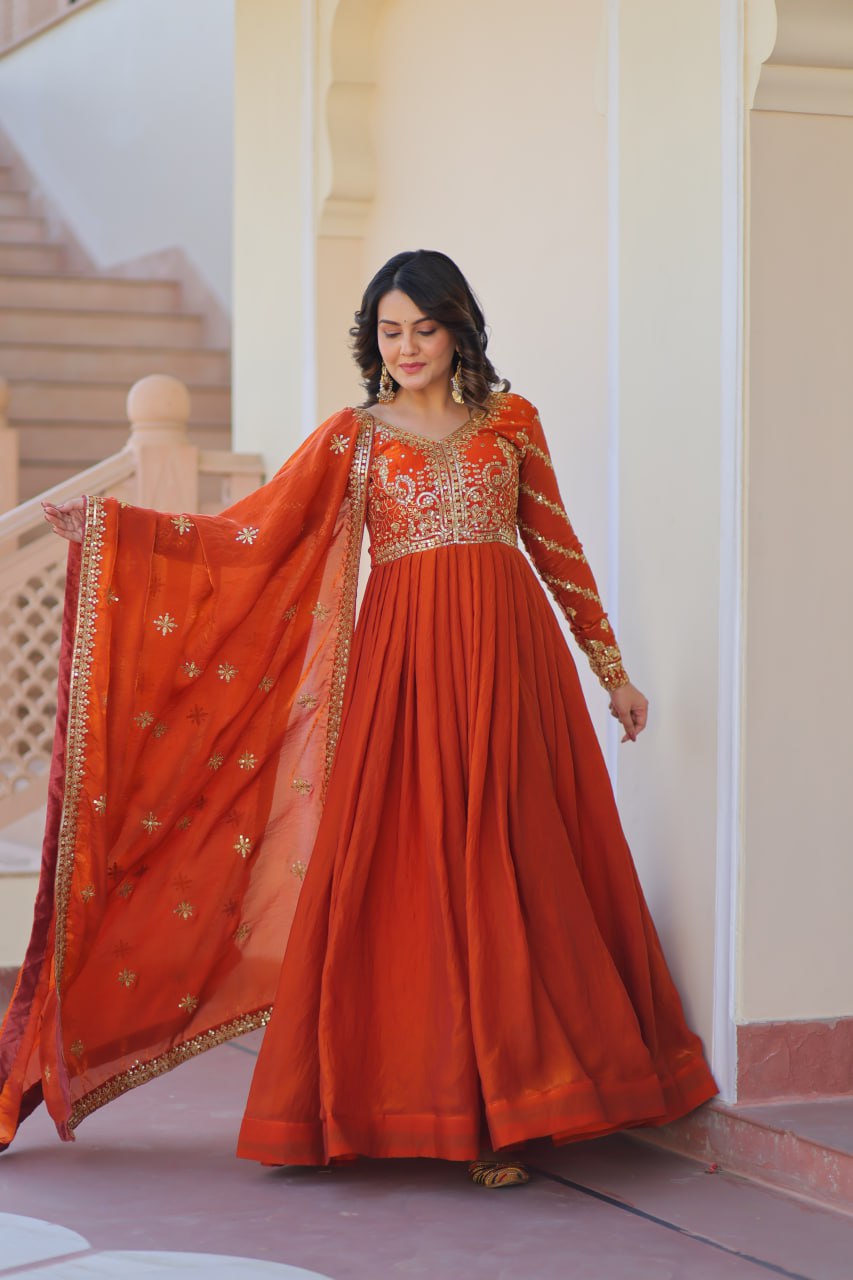 Fenta Color Fendy Fabric With Zari Sequins Embroidered Work Gown
