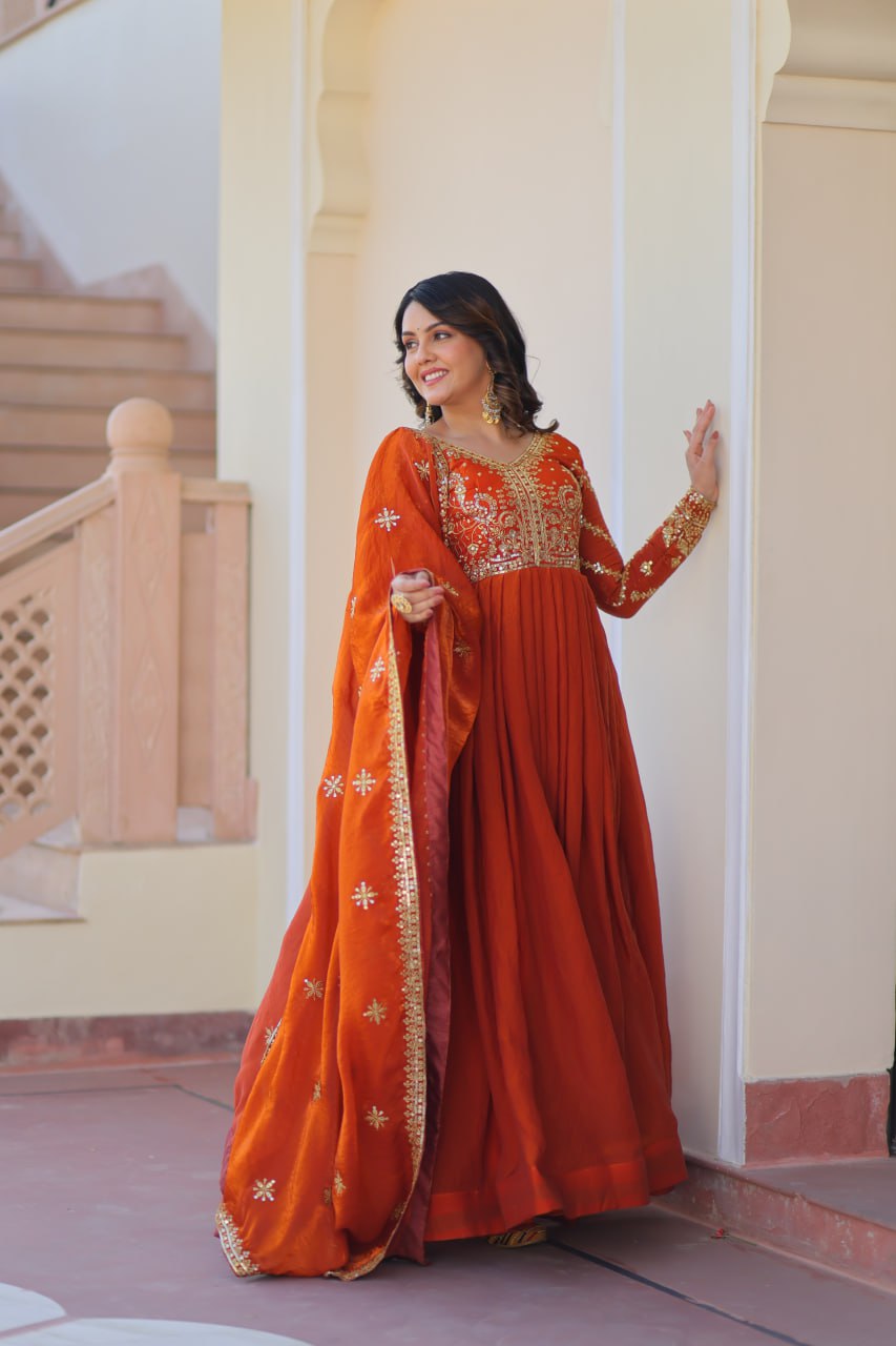 Fenta Color Fendy Fabric With Zari Sequins Embroidered Work Gown