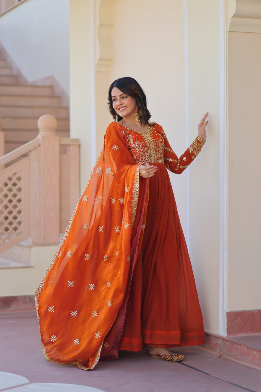 Fenta Color Fendy Fabric With Zari Sequins Embroidered Work Gown