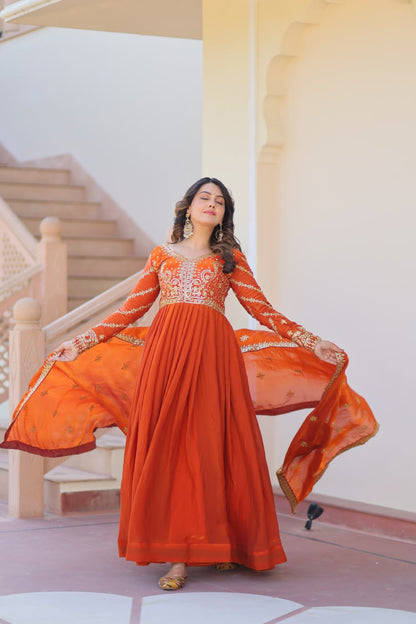 Fenta Color Fendy Fabric With Zari Sequins Embroidered Work Gown