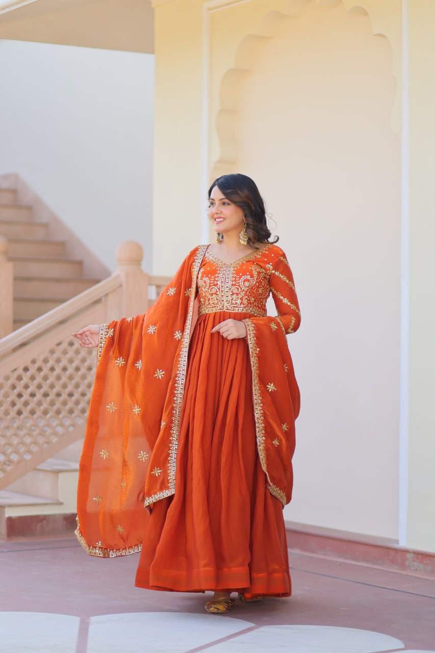 Fenta Color Fendy Fabric With Zari Sequins Embroidered Work Gown