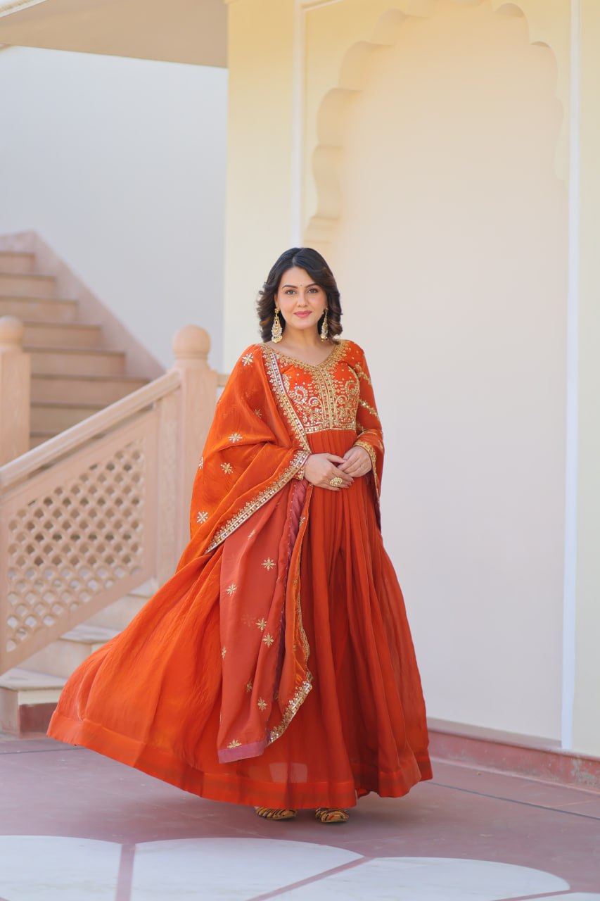 Fenta Color Fendy Fabric With Zari Sequins Embroidered Work Gown