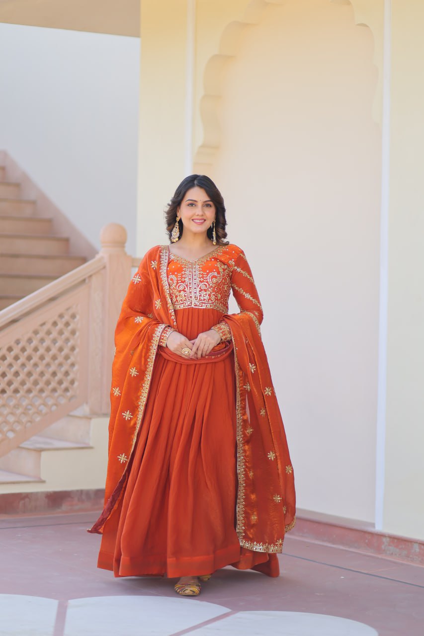 Fenta Color Fendy Fabric With Zari Sequins Embroidered Work Gown