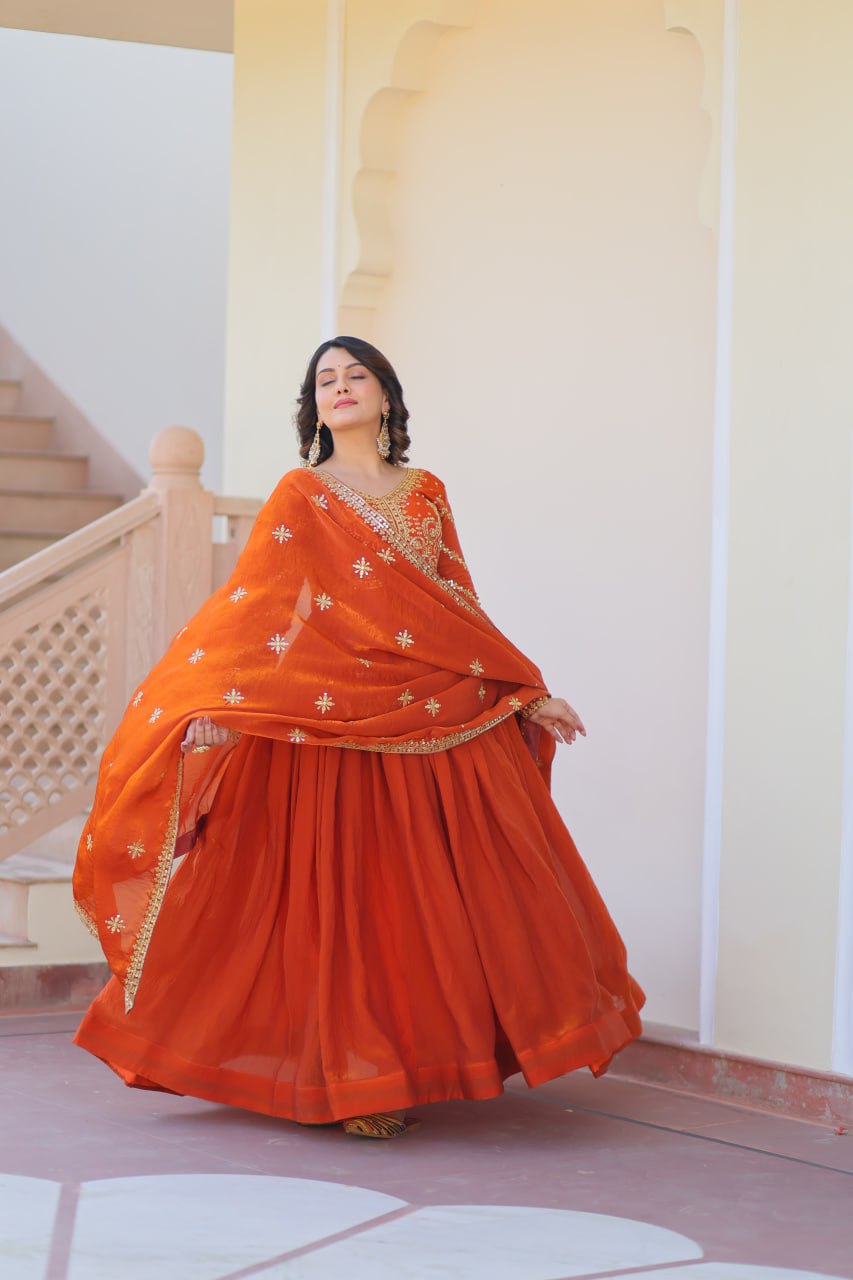 Fenta Color Fendy Fabric With Zari Sequins Embroidered Work Gown
