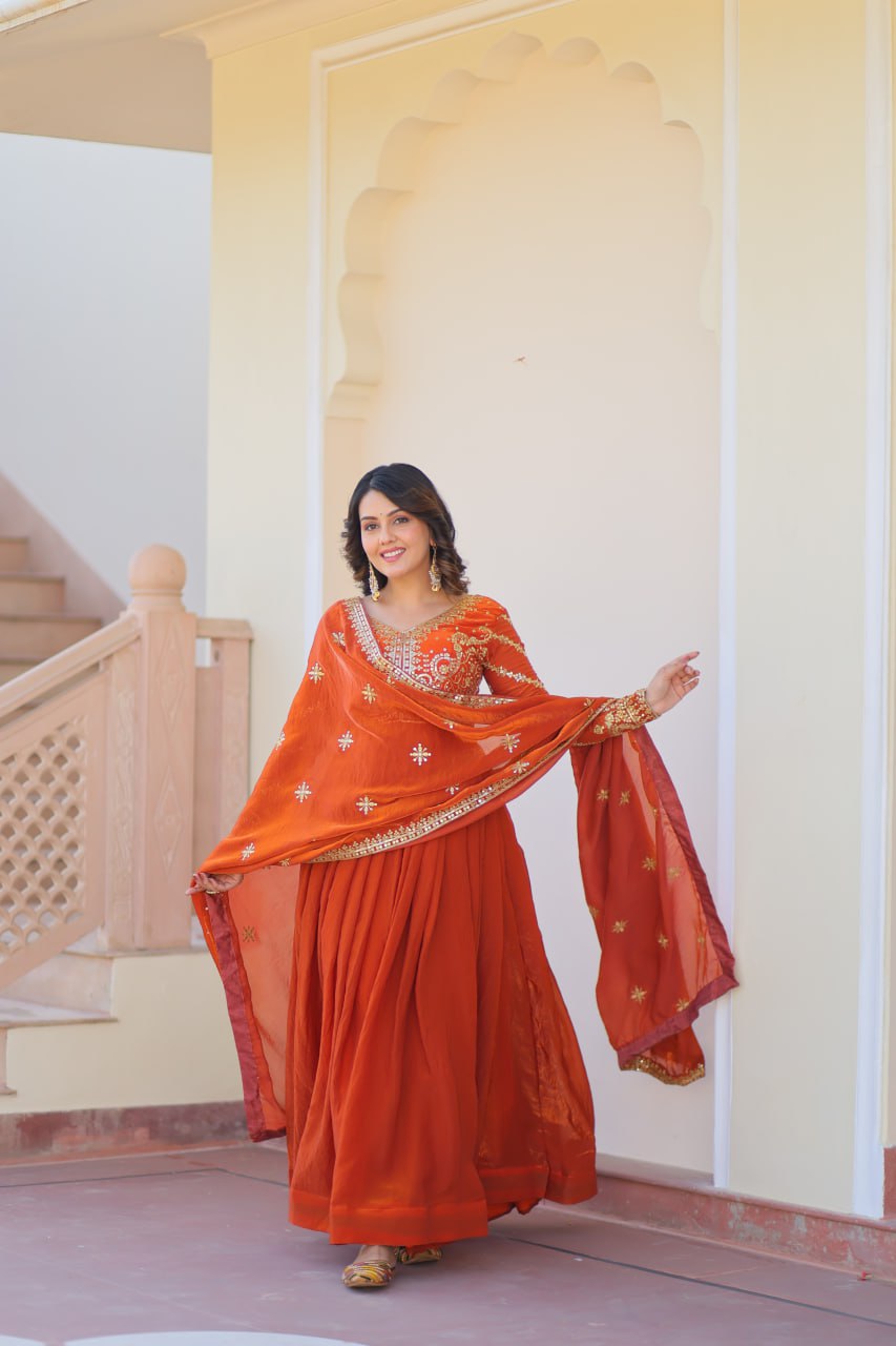 Fenta Color Fendy Fabric With Zari Sequins Embroidered Work Gown
