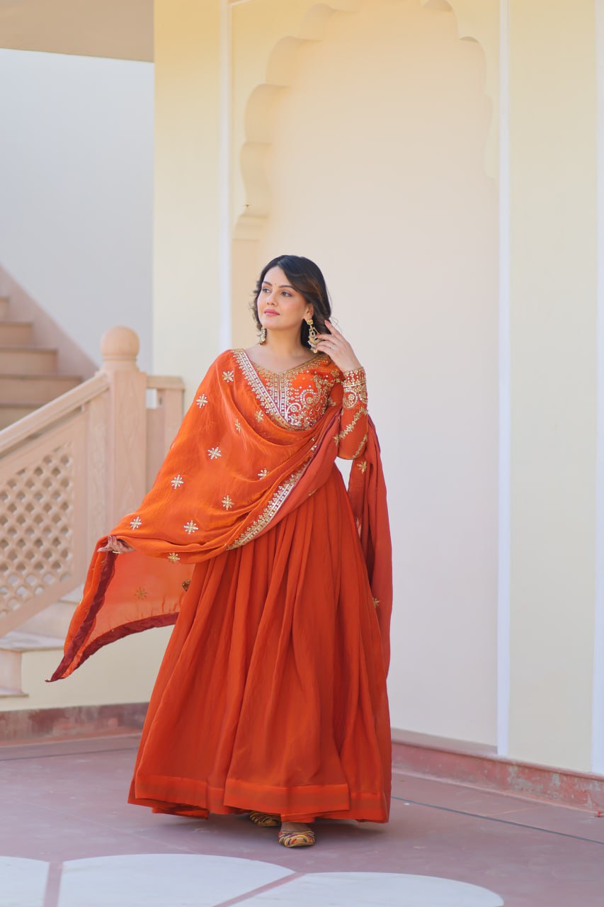 Fenta Color Fendy Fabric With Zari Sequins Embroidered Work Gown