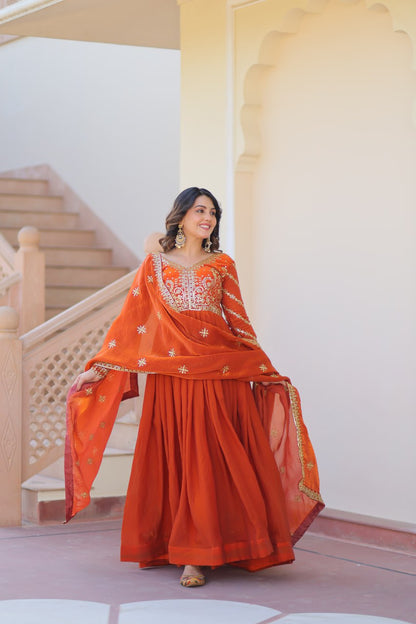 Fenta Color Fendy Fabric With Zari Sequins Embroidered Work Gown