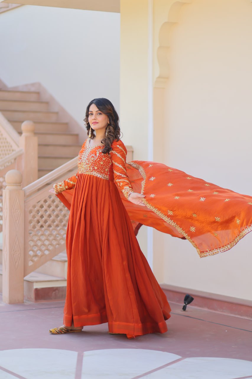 Fenta Color Fendy Fabric With Zari Sequins Embroidered Work Gown