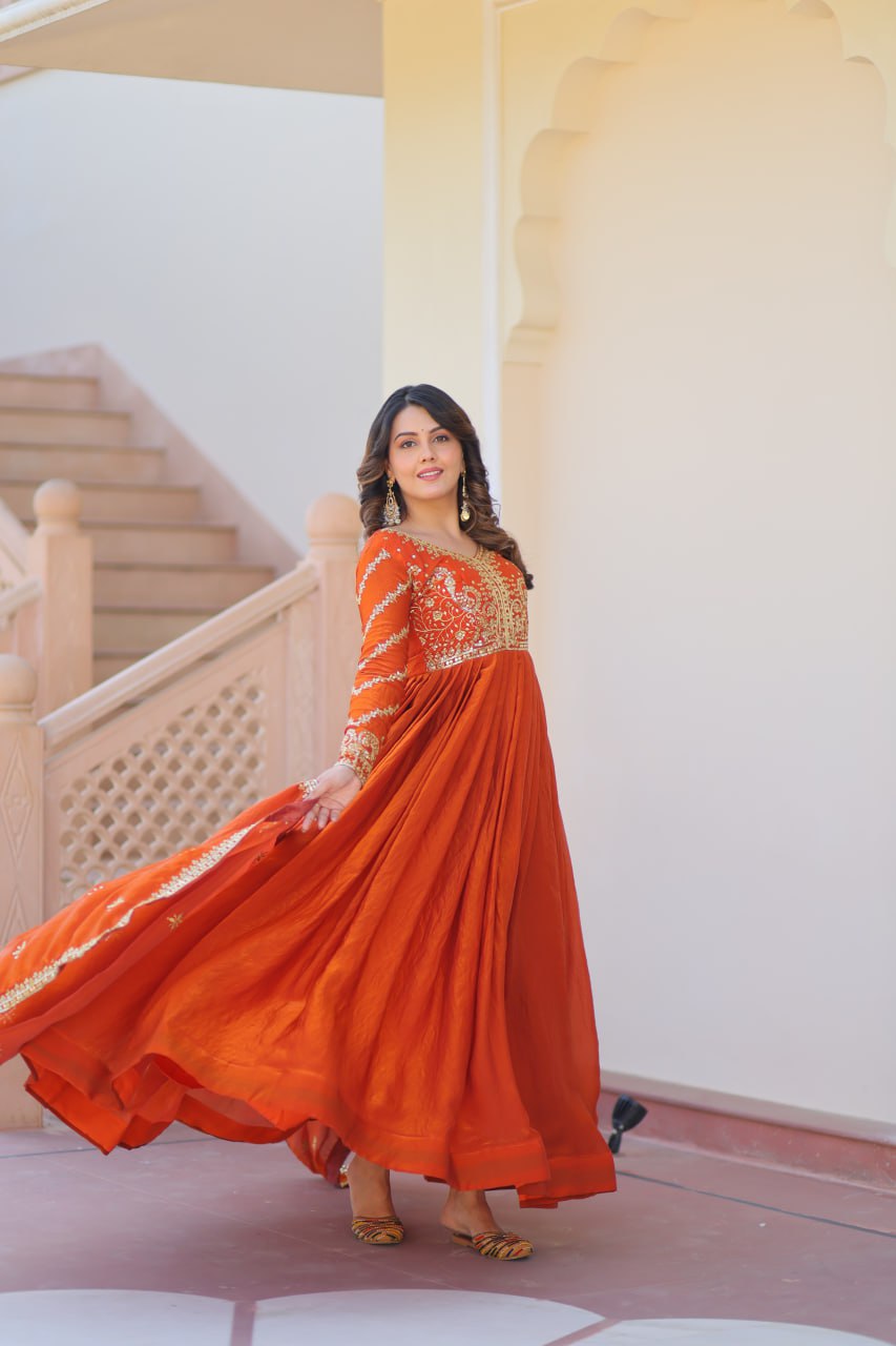 Fenta Color Fendy Fabric With Zari Sequins Embroidered Work Gown