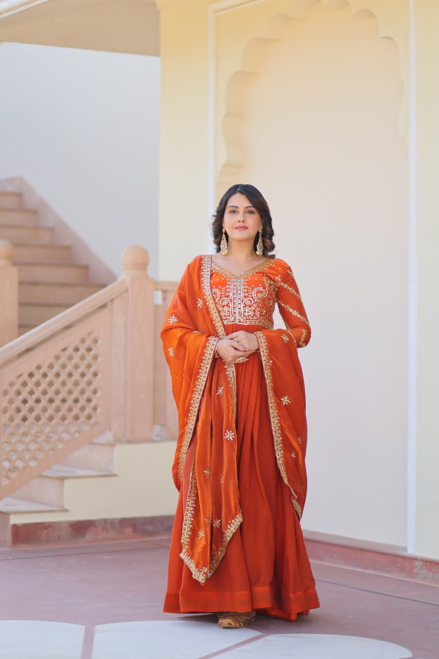 Fenta Color Fendy Fabric With Zari Sequins Embroidered Work Gown